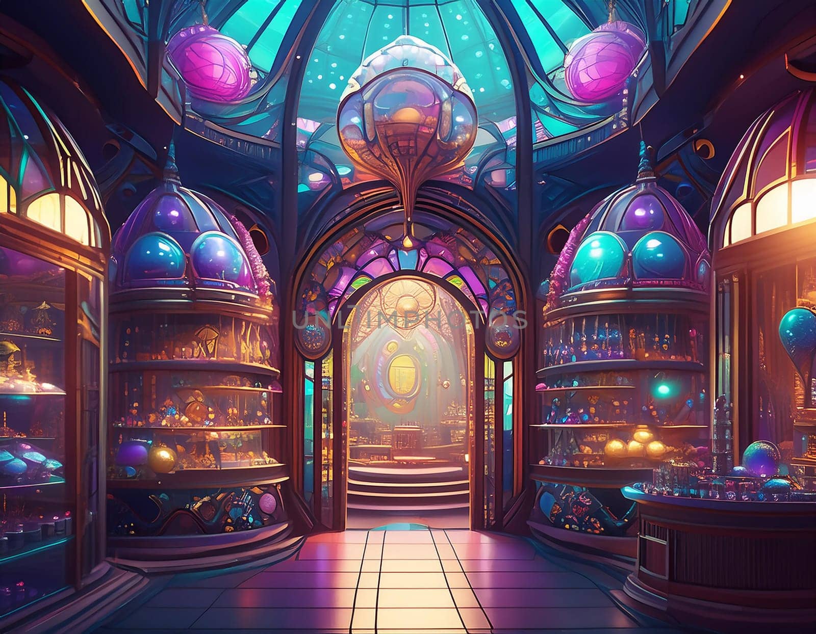 A fantasy store selling magical items in a fancy shop full of glass ornamental decor.