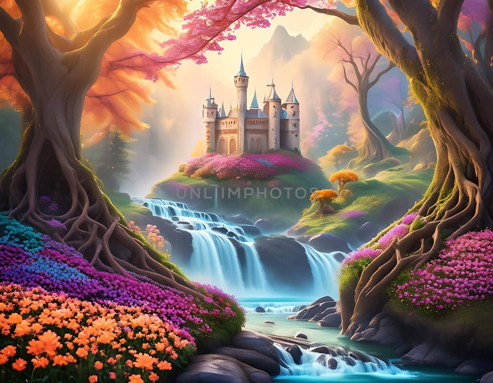 Surreal misty image of magical forest with trees, realistic flowers, castle on distant cliff and fantasy world.
