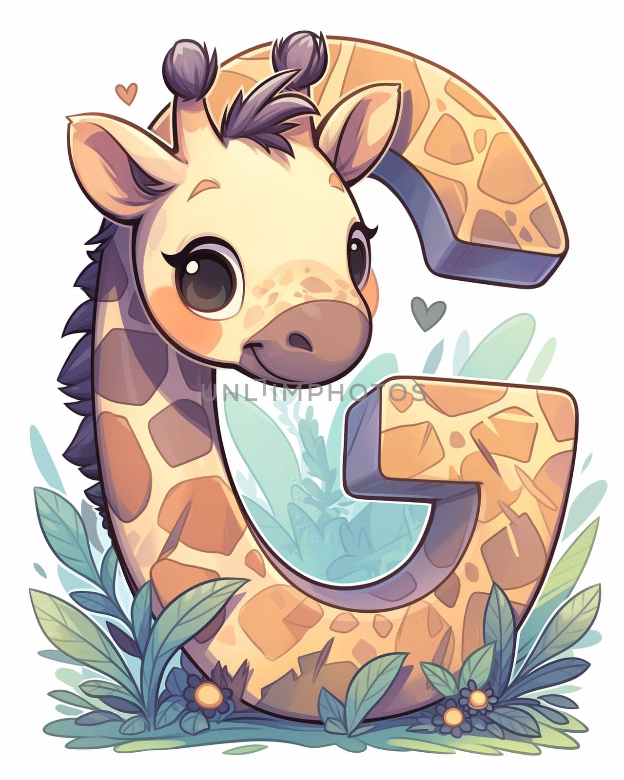 Illustration of a giraffe and the letter "U", learning the alphabet. by Fischeron