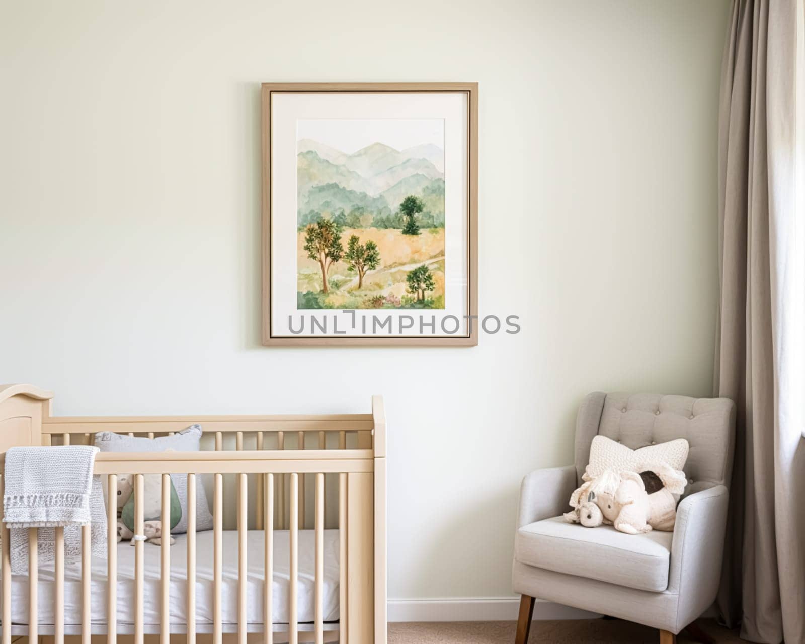 Nursery wall art, home decor and framed art in the English country cottage interior, room for diy printable artwork mockup and print shop by Anneleven