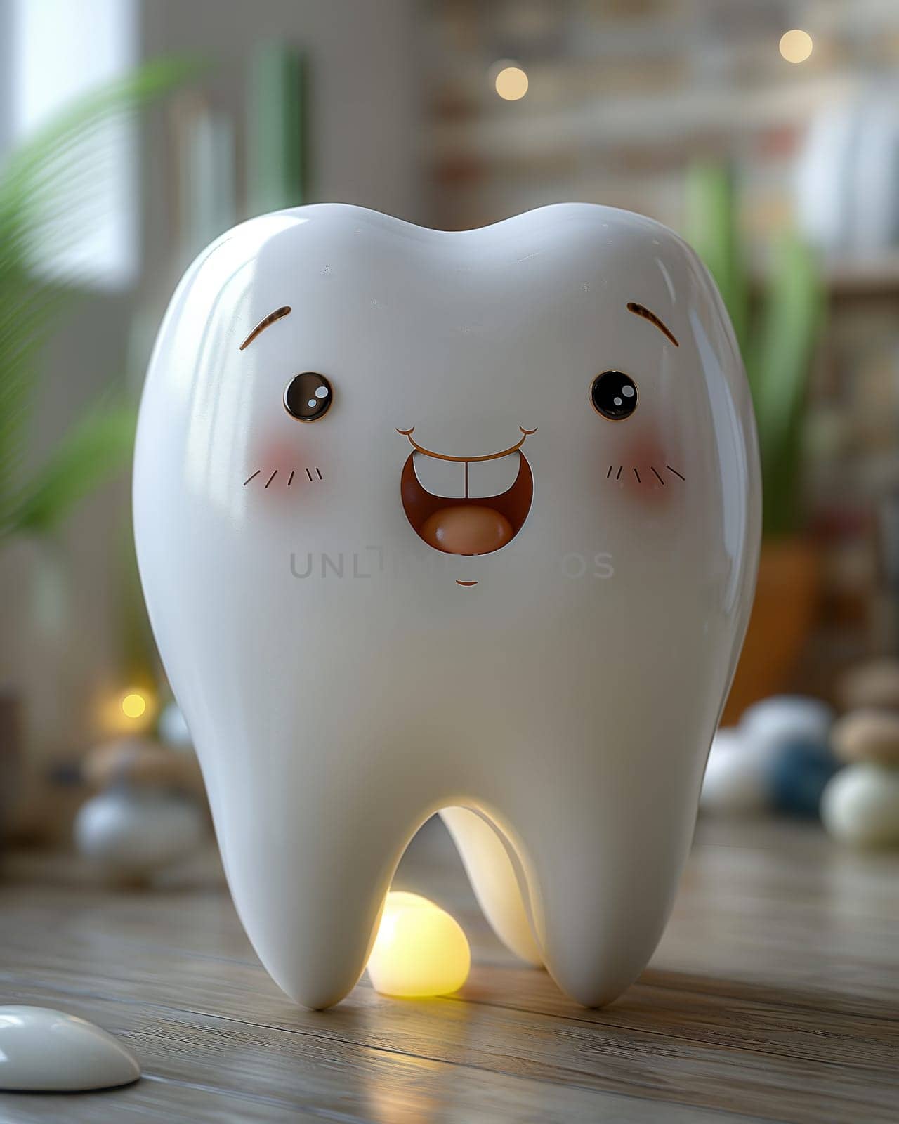 3D, cartoon emotional tooth on the table. Selective focus