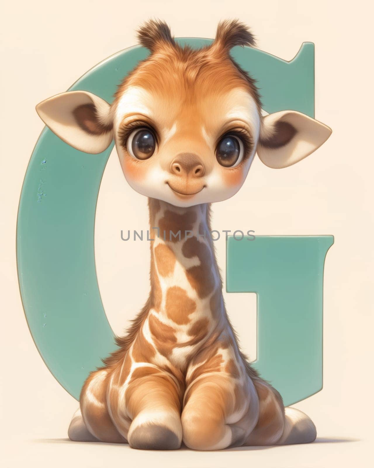 Illustration of a giraffe and the letter "U", learning the alphabet. Selective focus.