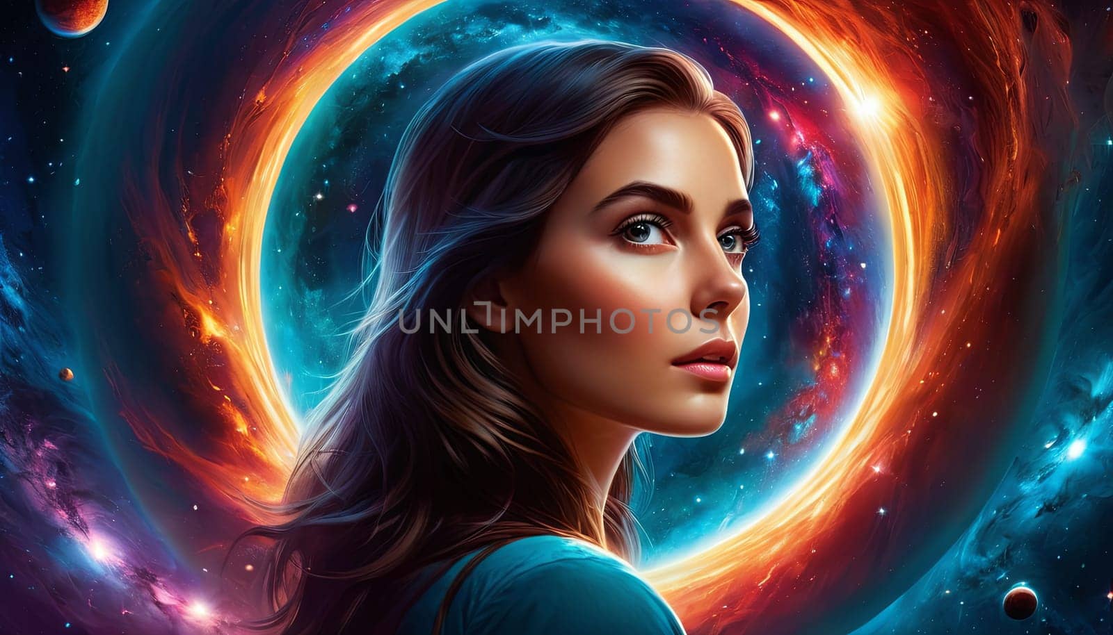Woman amidst vibrant cosmic scenery, planets orbiting nearby. Represents intersection of humanity and infinite universe. Ideal for themes of exploration, mystery