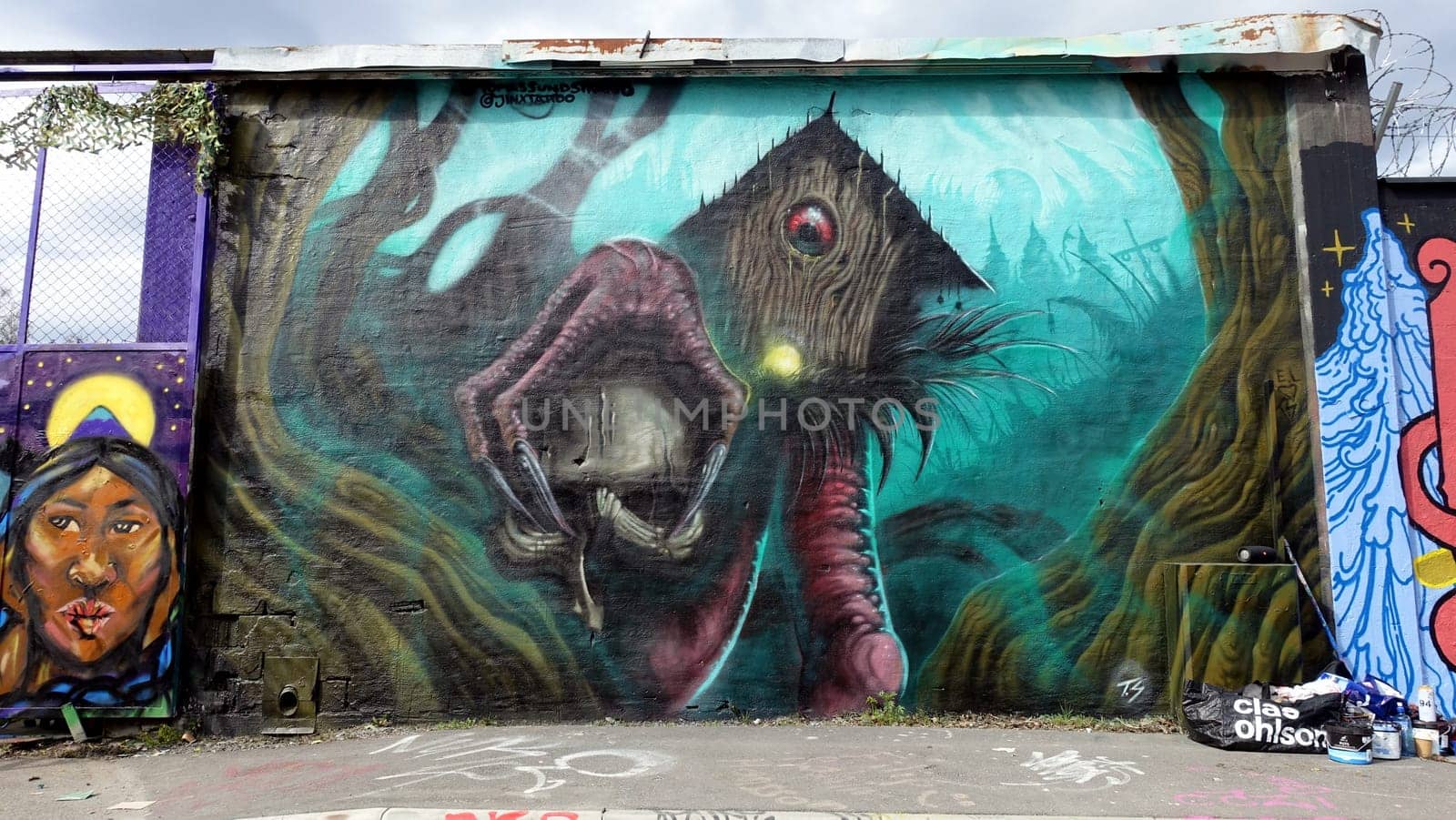 Stockholm, Snosatra, Sweden. May 12 2024. Spring beast. Graffiti exhibition on the outskirts of the city. Eye.