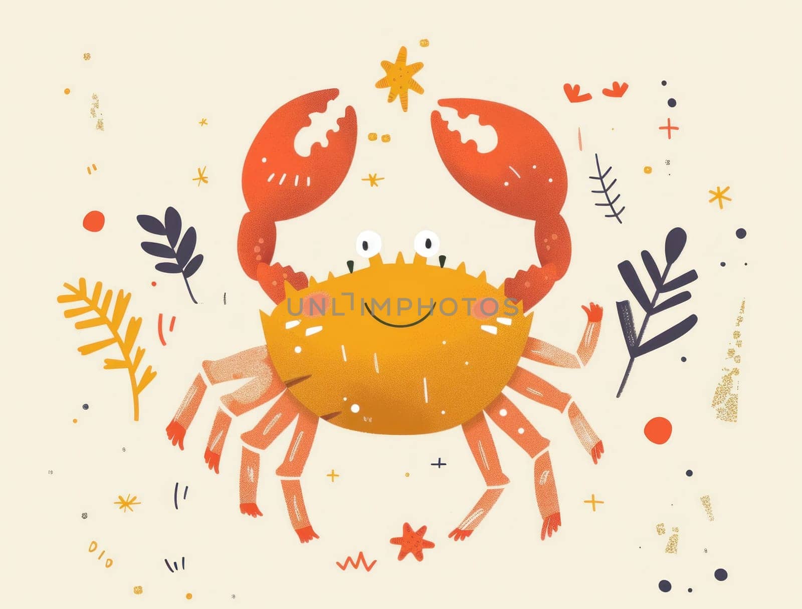 Cute cartoon crab with flowers and leaves on a beige background summer beach illustration with nature elements