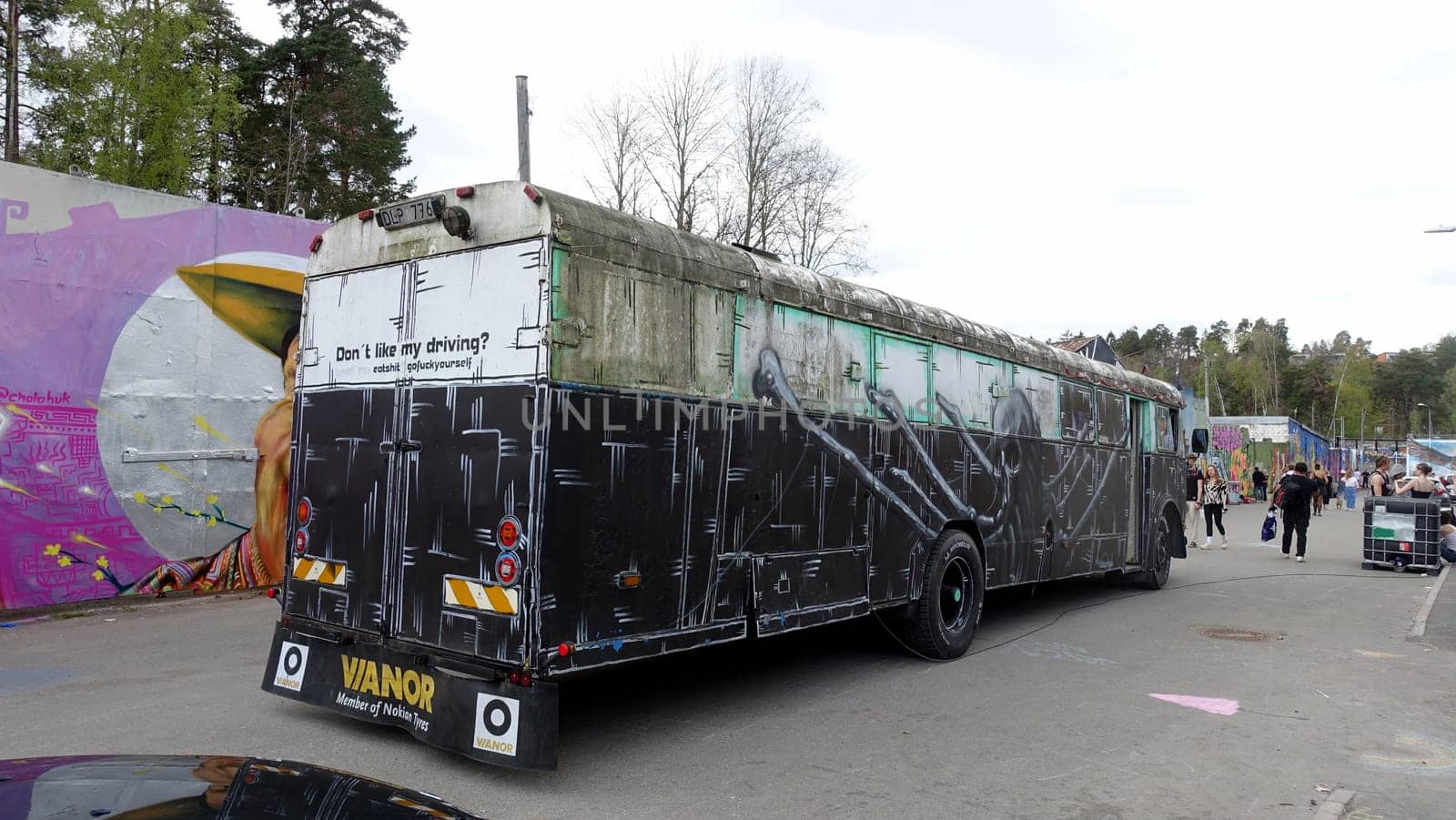 Stockholm, Snosatra, Sweden. May 12 2024. Spring beast. Graffiti exhibition on the outskirts of the city. Bus.