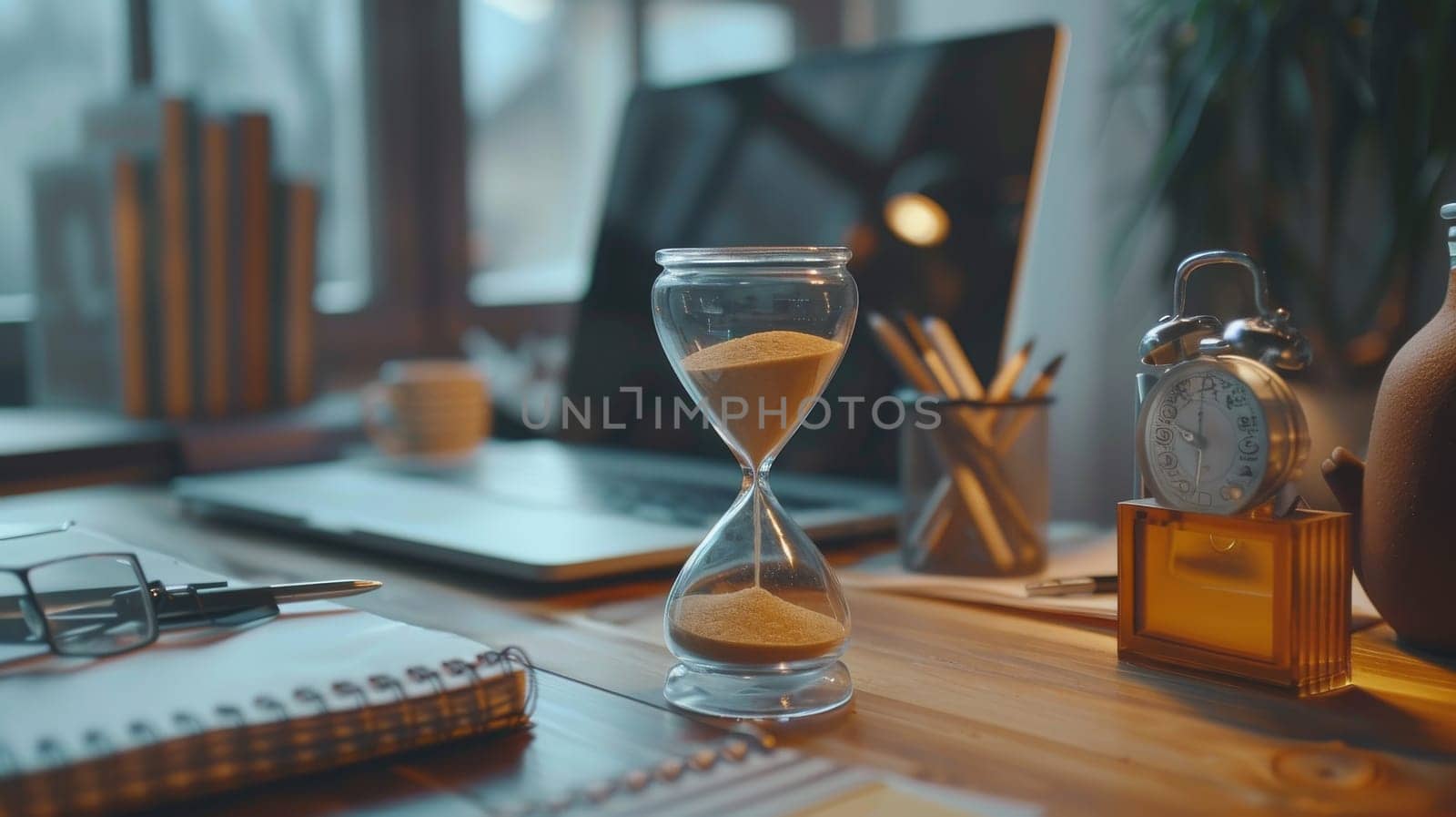 A desk with a laptop, a glass sand timer, and a potted plant. The scene is bright and inviting, with the sunlight streaming in through the window. The sand timer is a reminder to take breaks