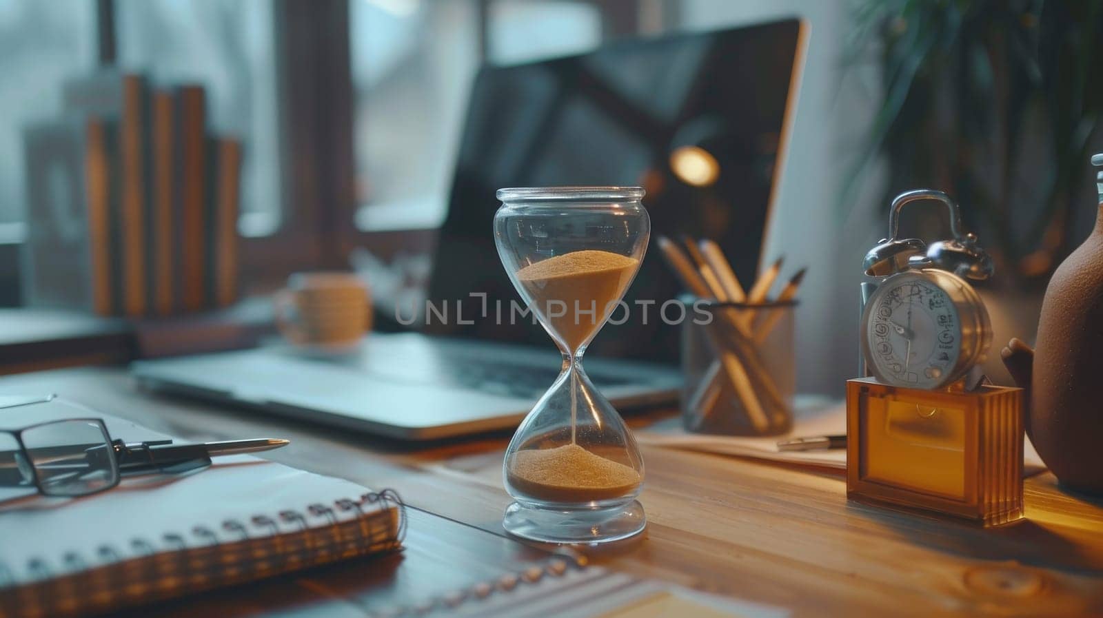 A desk with a laptop, a glass sand timer, and a potted plant by itchaznong