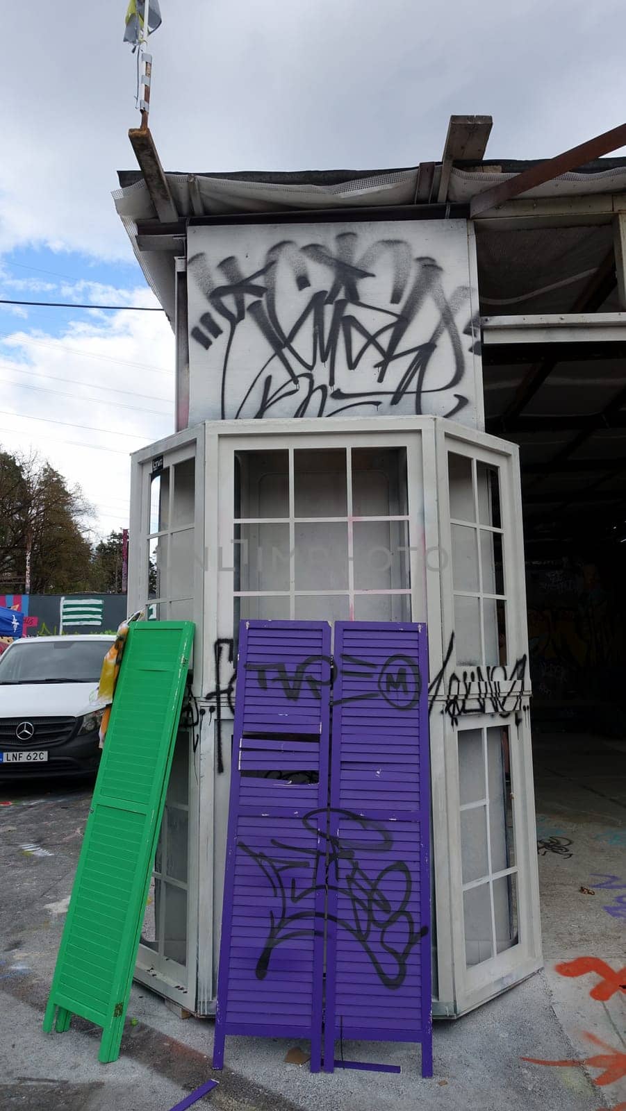 Stockholm, Snosatra, Sweden. May 12 2024. Spring beast. Graffiti exhibition on the outskirts of the city. Window.