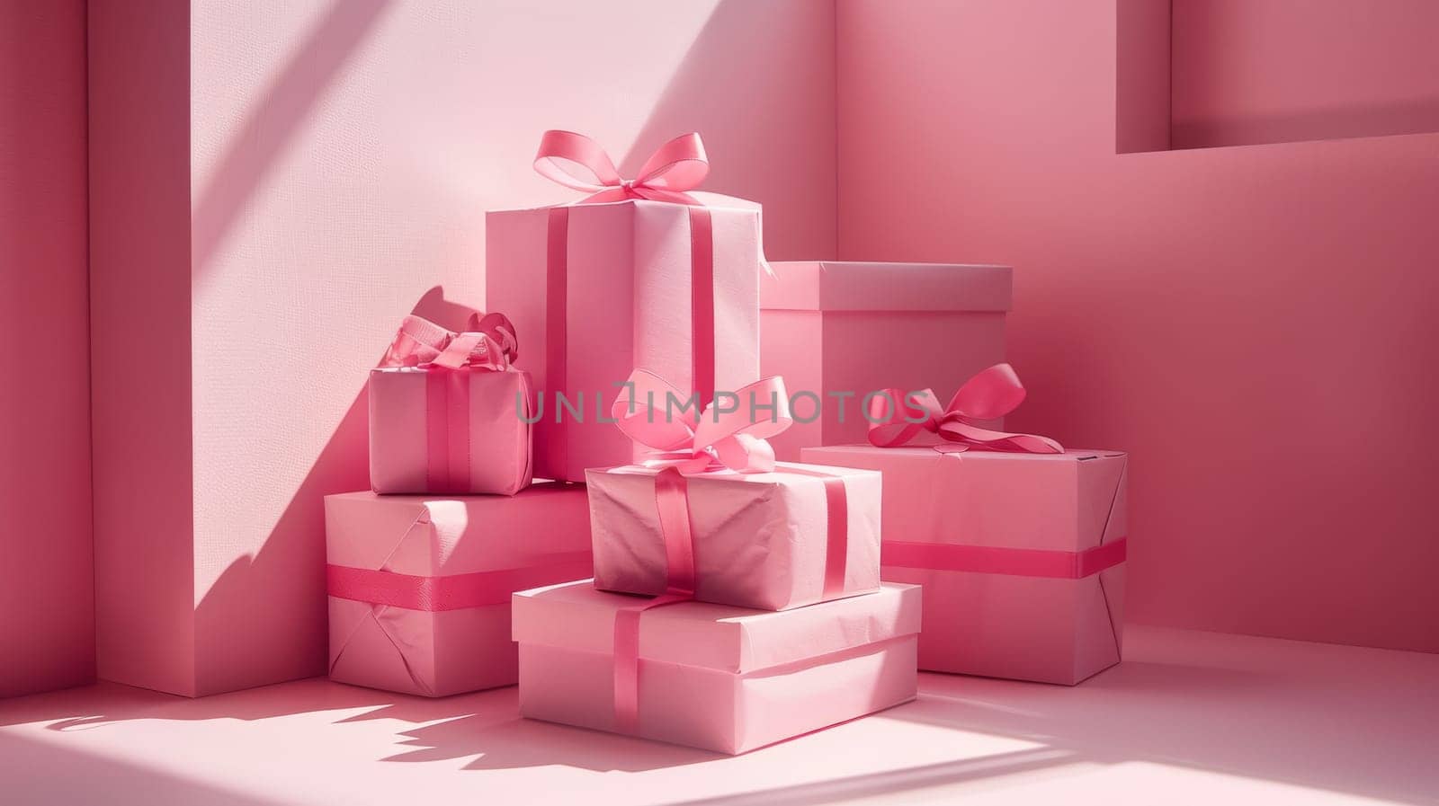 Three pink boxes with ribbons on top of a pink table. The boxes are stacked on top of each other
