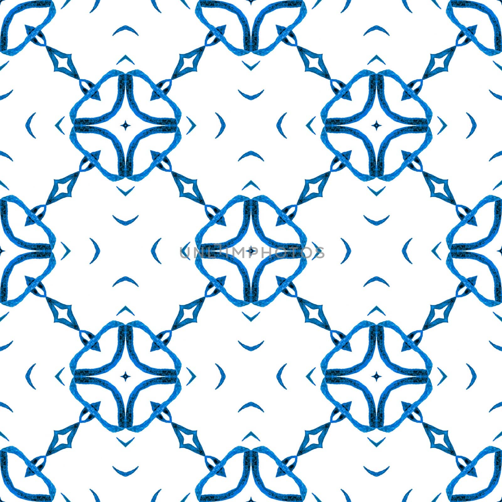 Ethnic hand painted pattern. Blue classic boho chic summer design. Textile ready stunning print, swimwear fabric, wallpaper, wrapping. Watercolor summer ethnic border pattern.