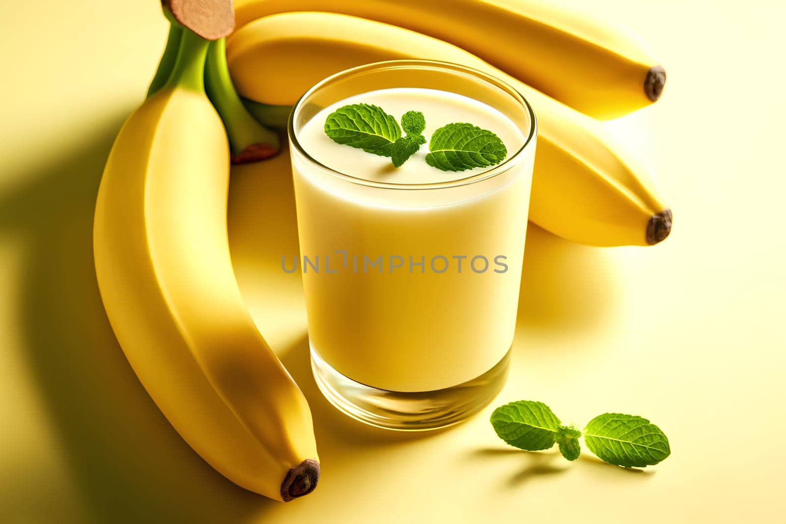 a glass of banana fresh juice with a mint leaf and two whole bananas on a light yellow background.