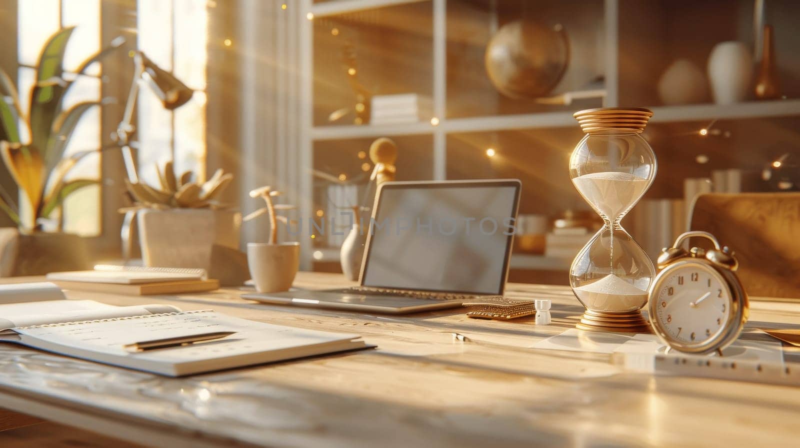 A desk with a laptop, a glass sand timer, and a potted plant. The scene is bright and inviting, with the sunlight streaming in through the window. The sand timer is a reminder to take breaks