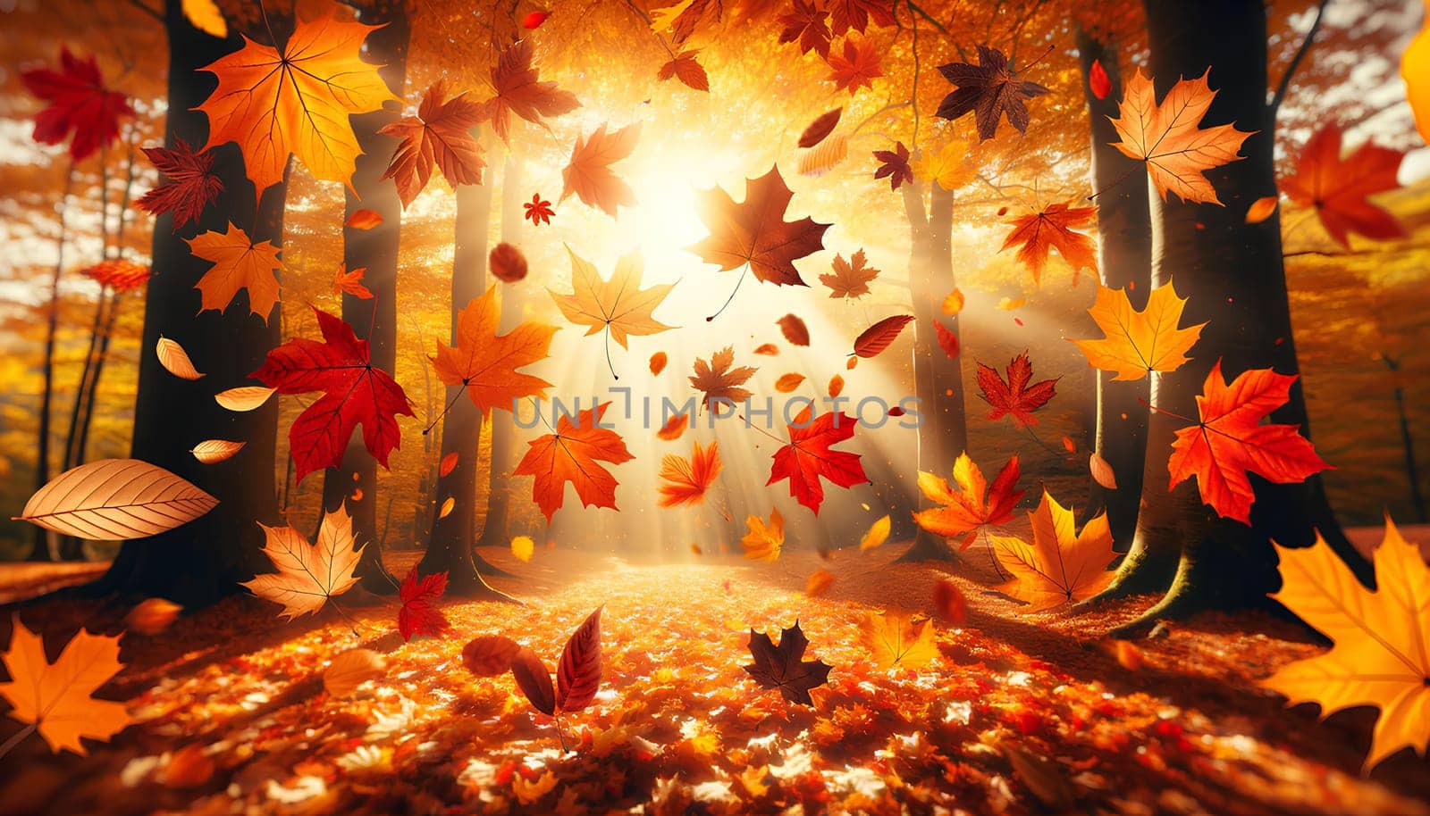 an autumn scene featuring falling leaves on a sunny day in the park.