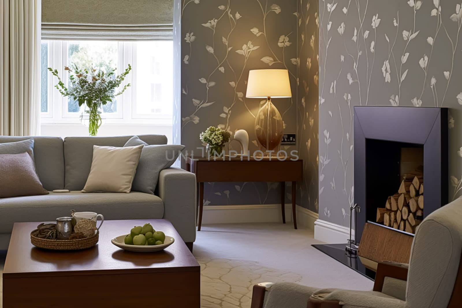 Lounge room decor, interior design and house improvement, living room with floral wallpaper, furniture, sofa and home decor, country cottage style, post-processed, generative ai