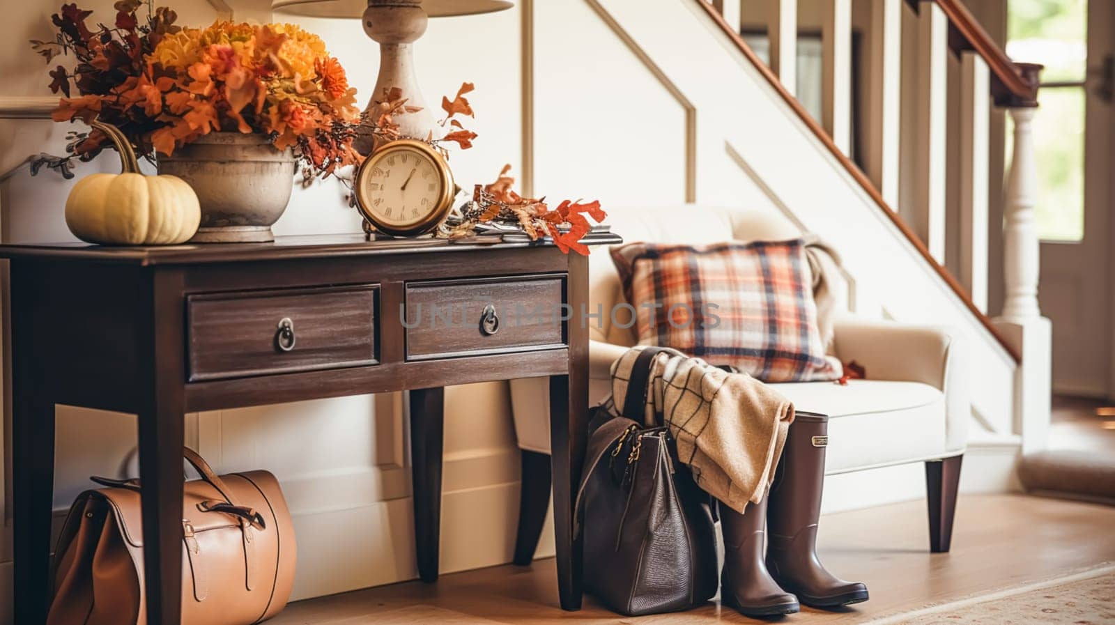 Autumnal hallway decor, interior design and house decoration, welcoming autumn entryway furniture, stairway and entrance hall home decor in an English country house and cottage style idea