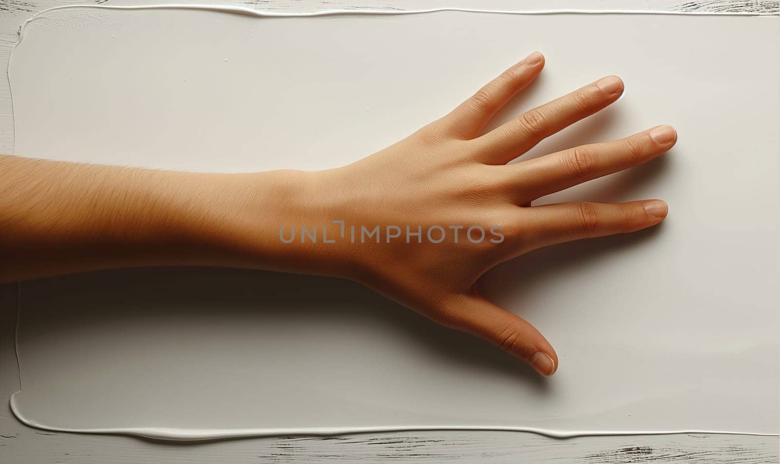 The hand lies on a white background. by Fischeron