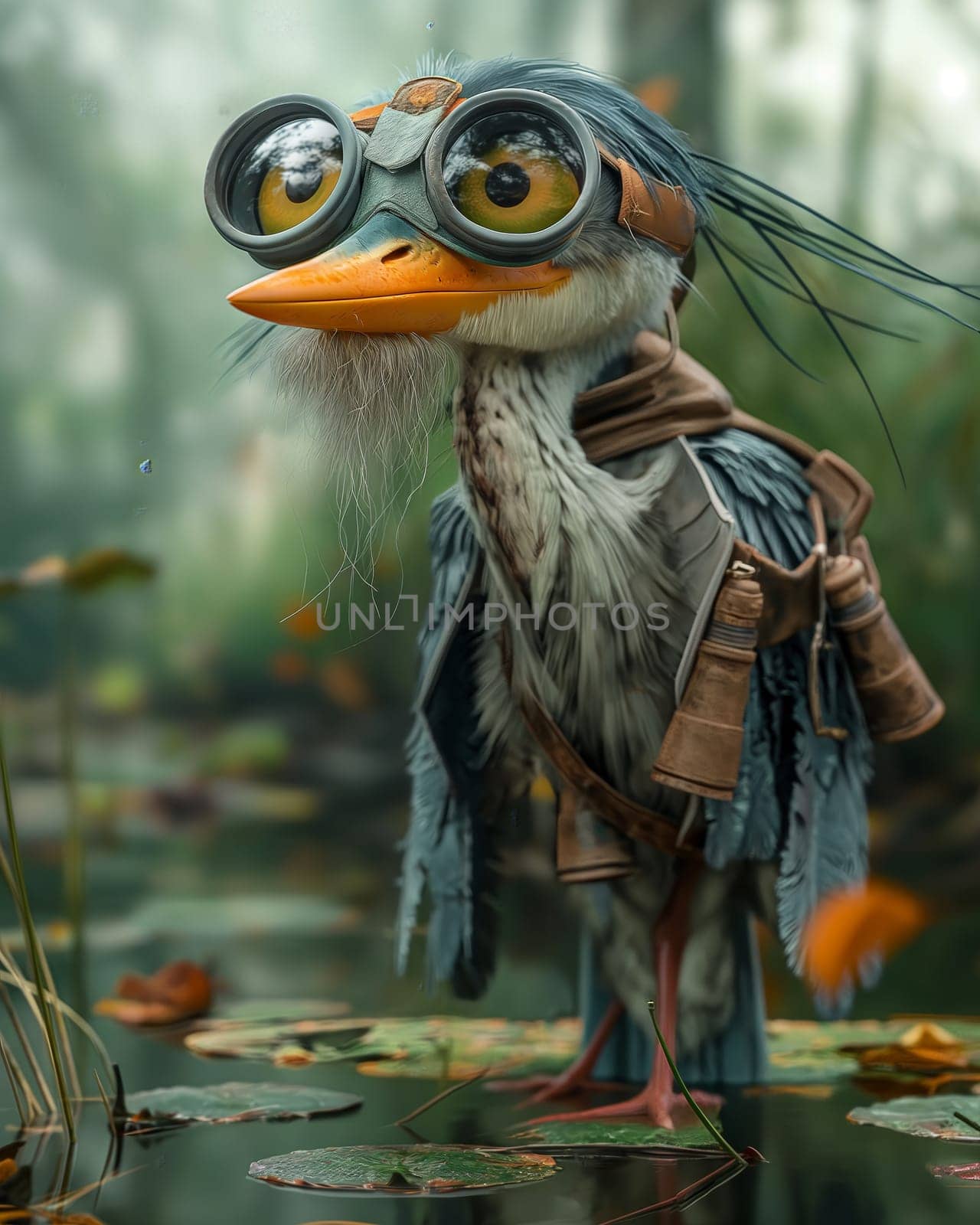 3D cartoon, a heron wearing big glasses walks through a swamp. by Fischeron