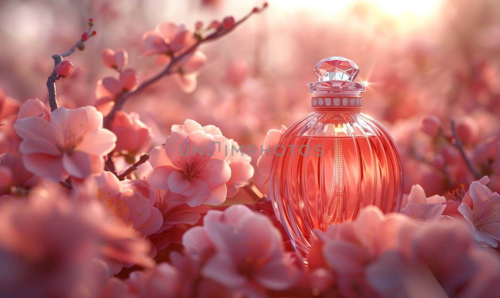 Elegant perfume bottle among flowers in retro style. Selective focus.