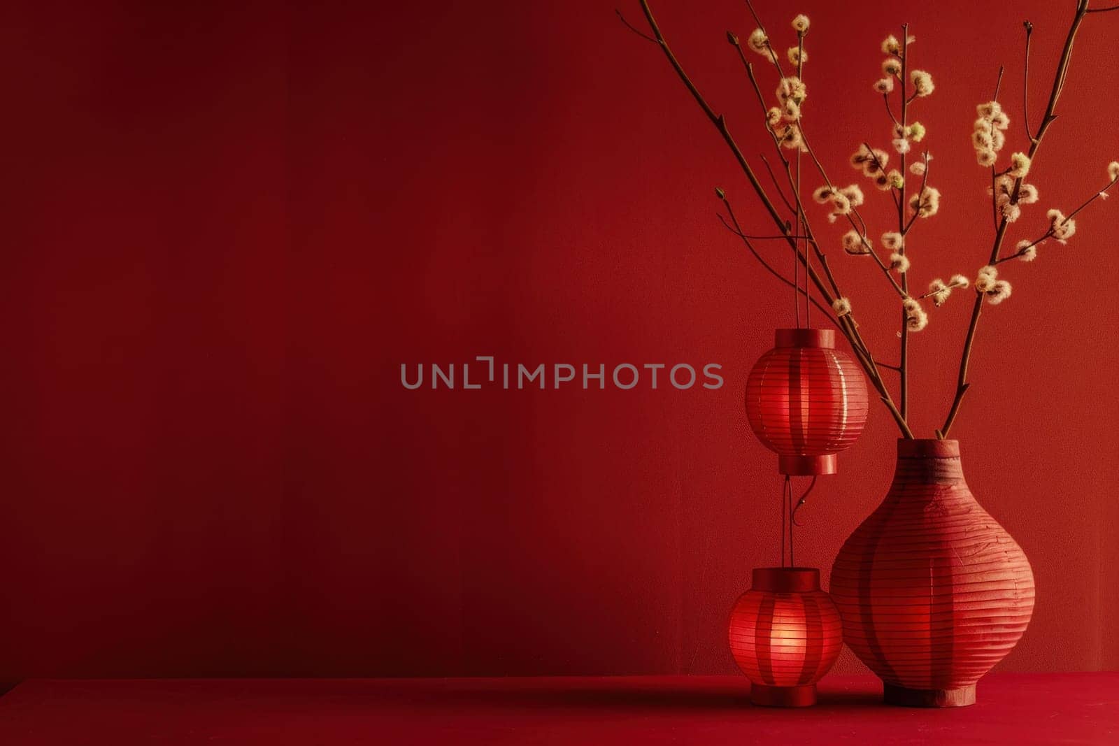 Elegant decor with red vases and paper lanterns on red table in front of wall classic beauty and art concept