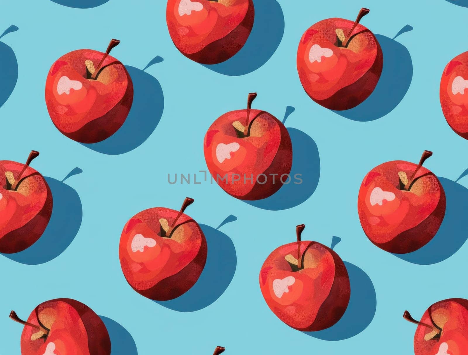 Red apples seamless pattern on blue background for harvest season and healthy lifestyle design