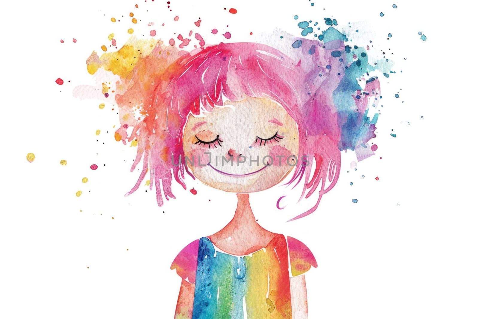 Beauty portrait of a creative colorful girl in watercolor with pink and rainbow hair for fashion and art concepts