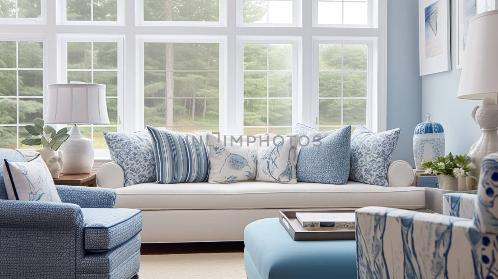 Interior design, living room decor and house improvement, furniture, sofa, home decor, white and blue textiles, country cottage lounge style, post-processed, generative ai