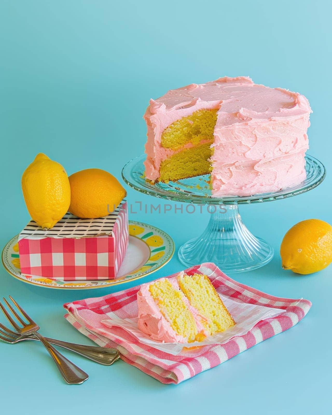 Delicious slice of cake with lemon slices on plate for traveling foodies and gourmets