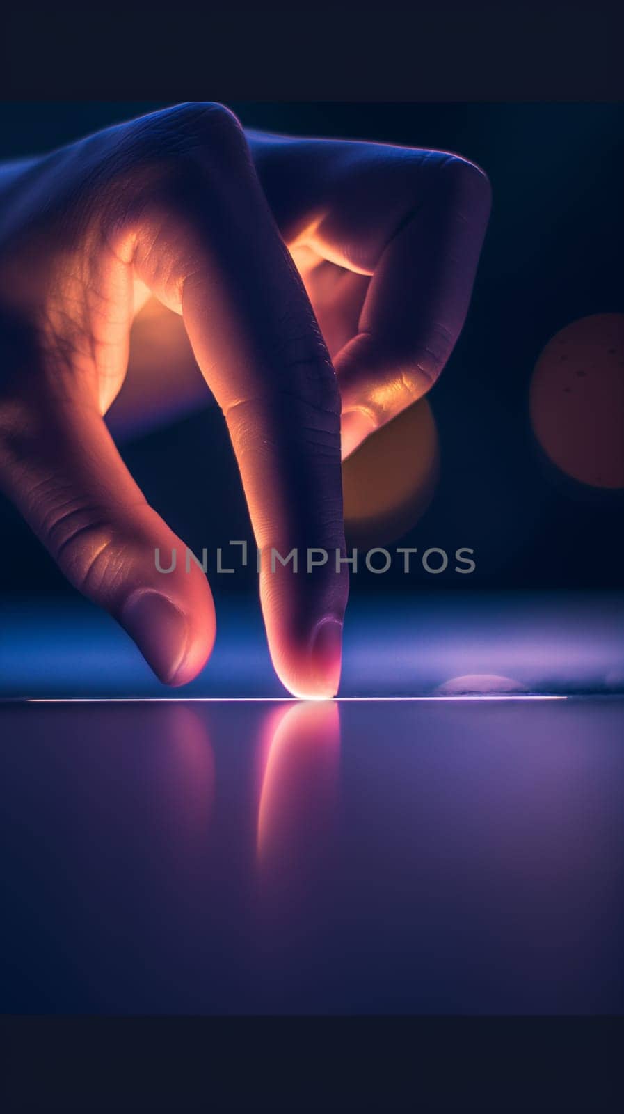 A close-up of a hand interacting with a digital tablets illuminated screen against a dark background with soft bokeh lights - Generative AI
