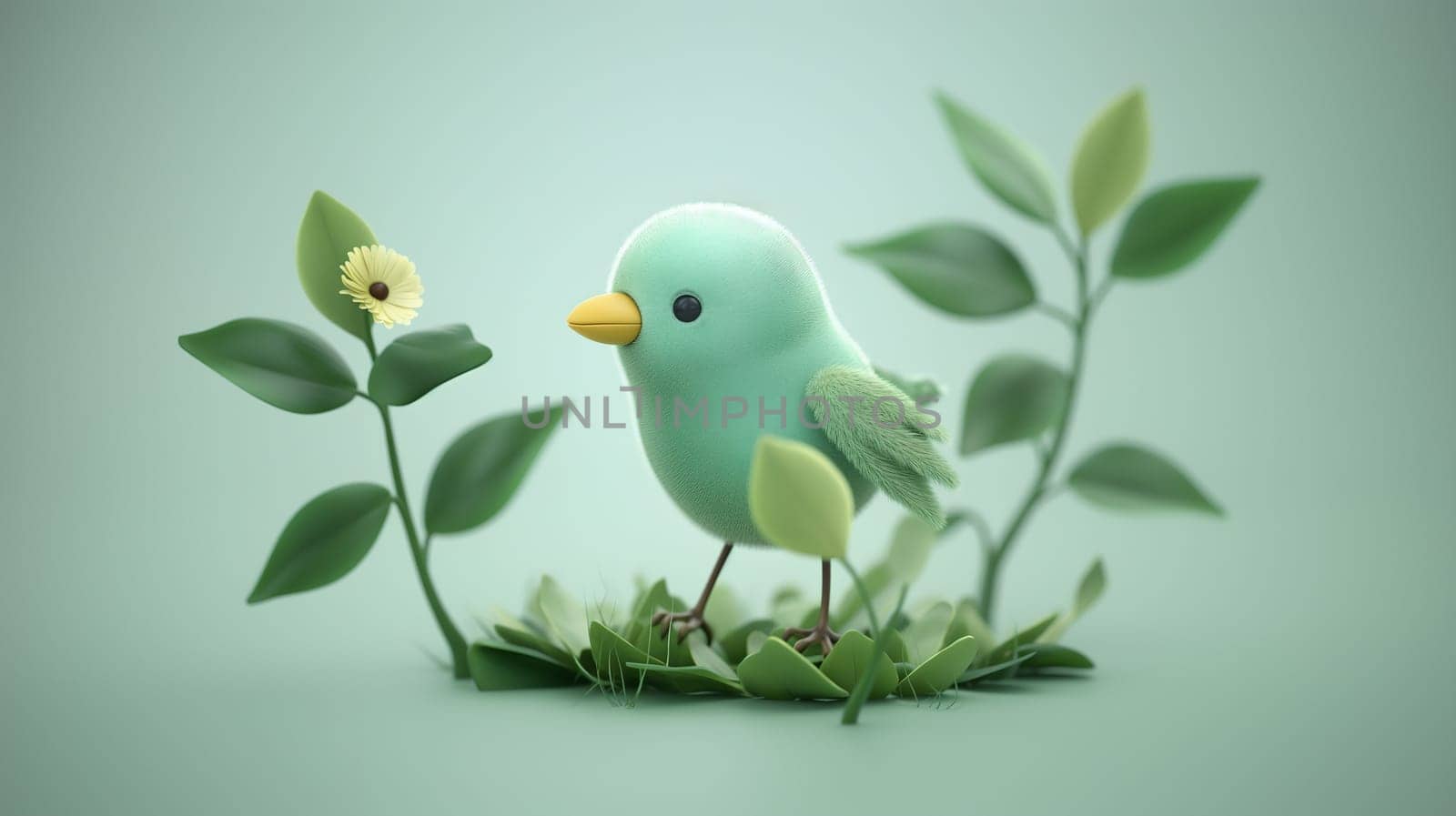 Serene Springtime Scene With Stylized Bird and Blooming Flower by chrisroll