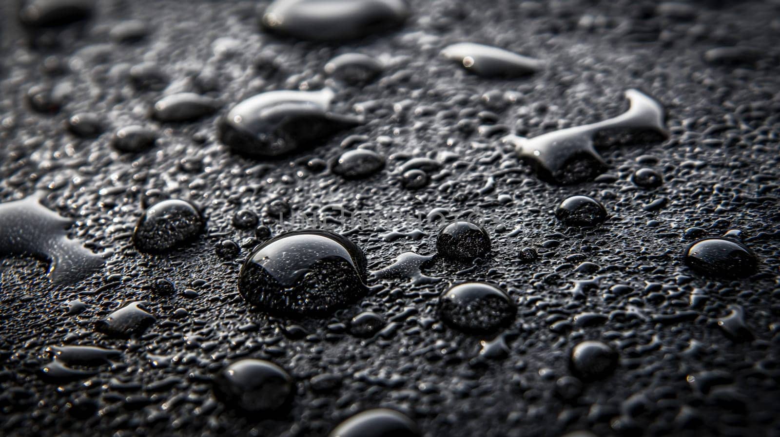 Close-Up of Water Droplets on a Dark Surface in Low Light by chrisroll