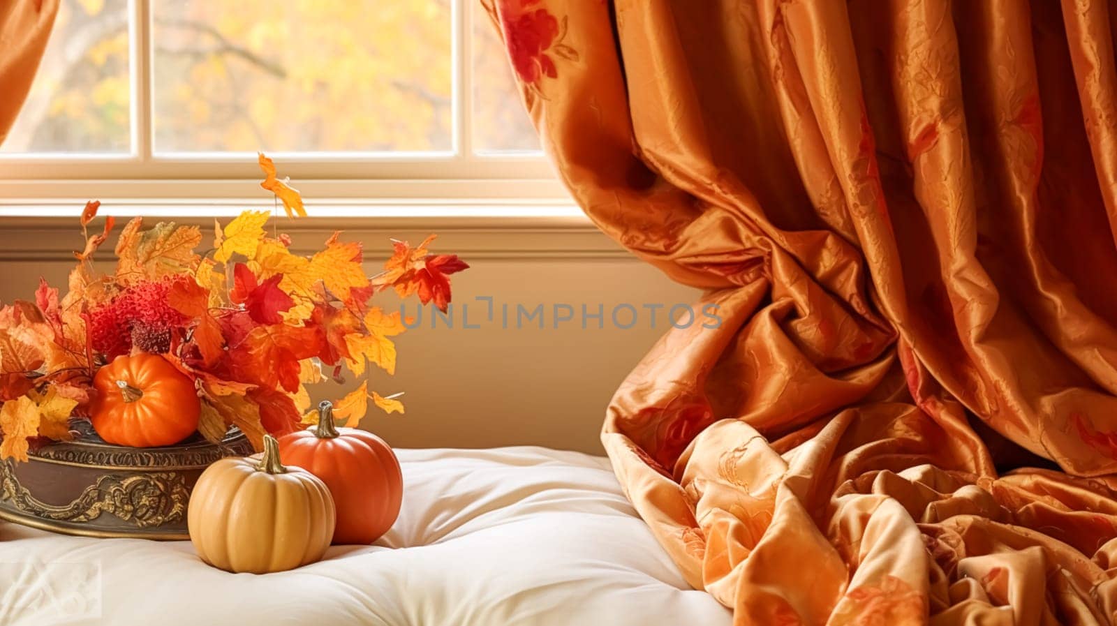 Bedroom decor, interior design and autumnal home decor, bed with silk satin bedding, bespoke furniture and autumn decoration, English country house, holiday rental and cottage style idea