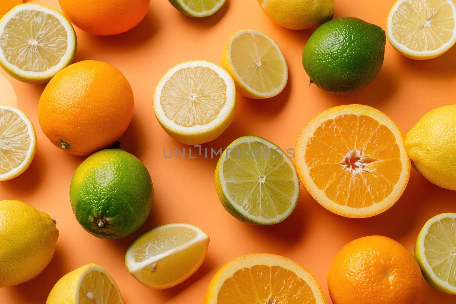 Citrus fruits on orange background fresh and vibrant citrus display with top view for food and culinary concepts