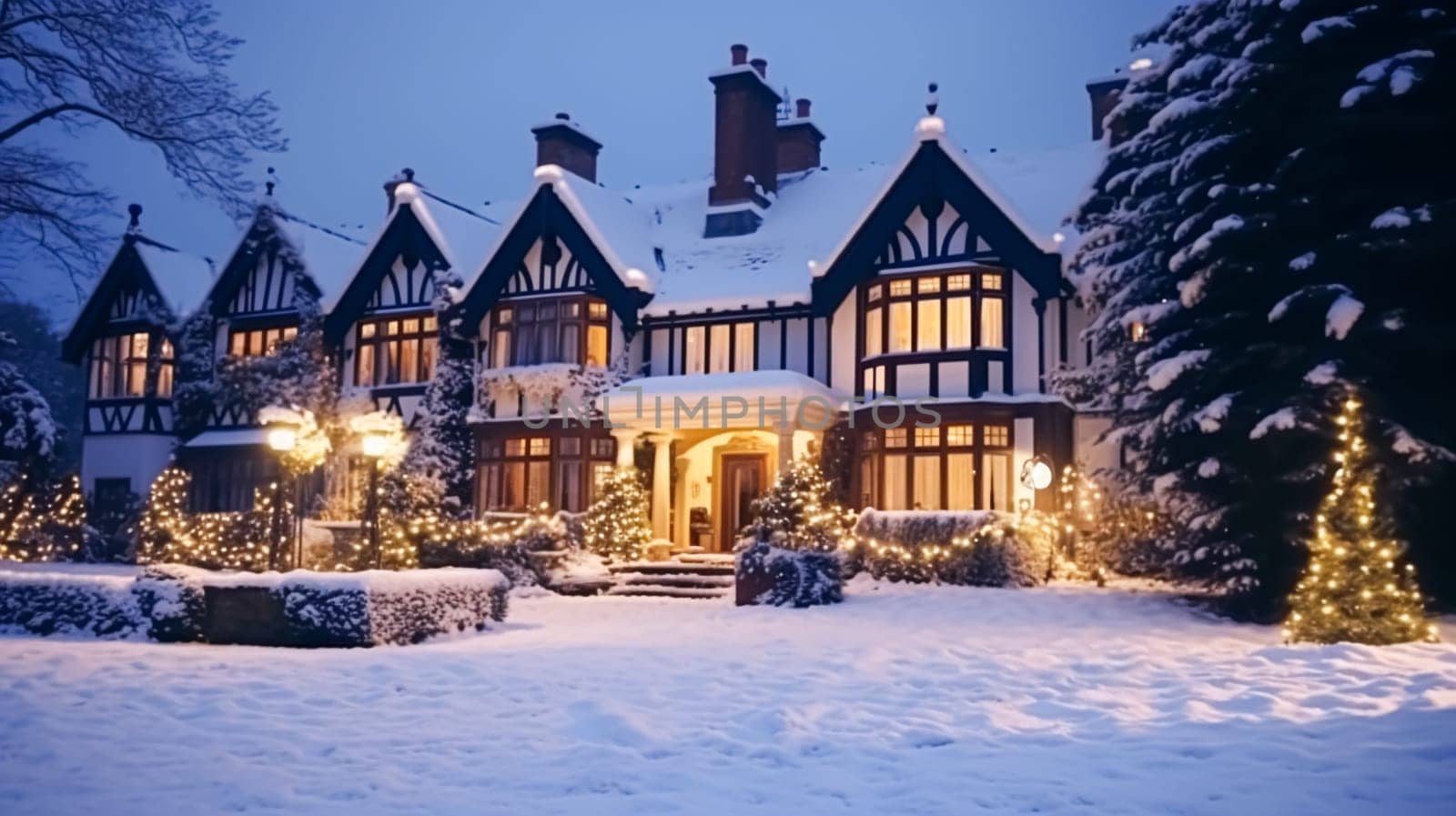 Christmas in the countryside manor, English country house mansion decorated for holidays on a snowy winter evening with snow and holiday lights, Merry Christmas and Happy Holidays design