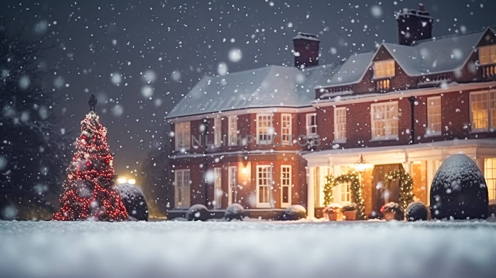 Christmas in the countryside manor, English country house mansion decorated for holidays on a snowy winter evening with snow and holiday lights, Merry Christmas and Happy Holidays design