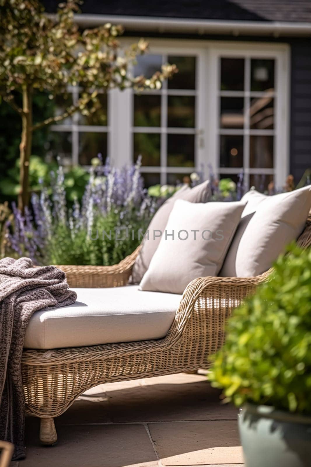 Cottage outdoor furniture and countryside house patio and terrace decor, garden lounge in country style, post-processed, generative ai
