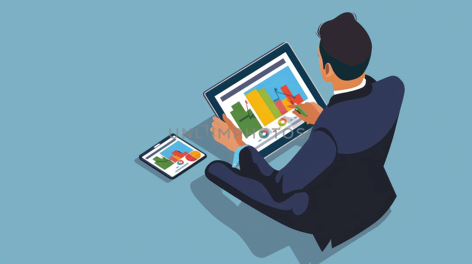 Modern Businessman Analyzing Financial Graphs on Digital Tablet Isometric Illustration with Copy Space for Decoration..