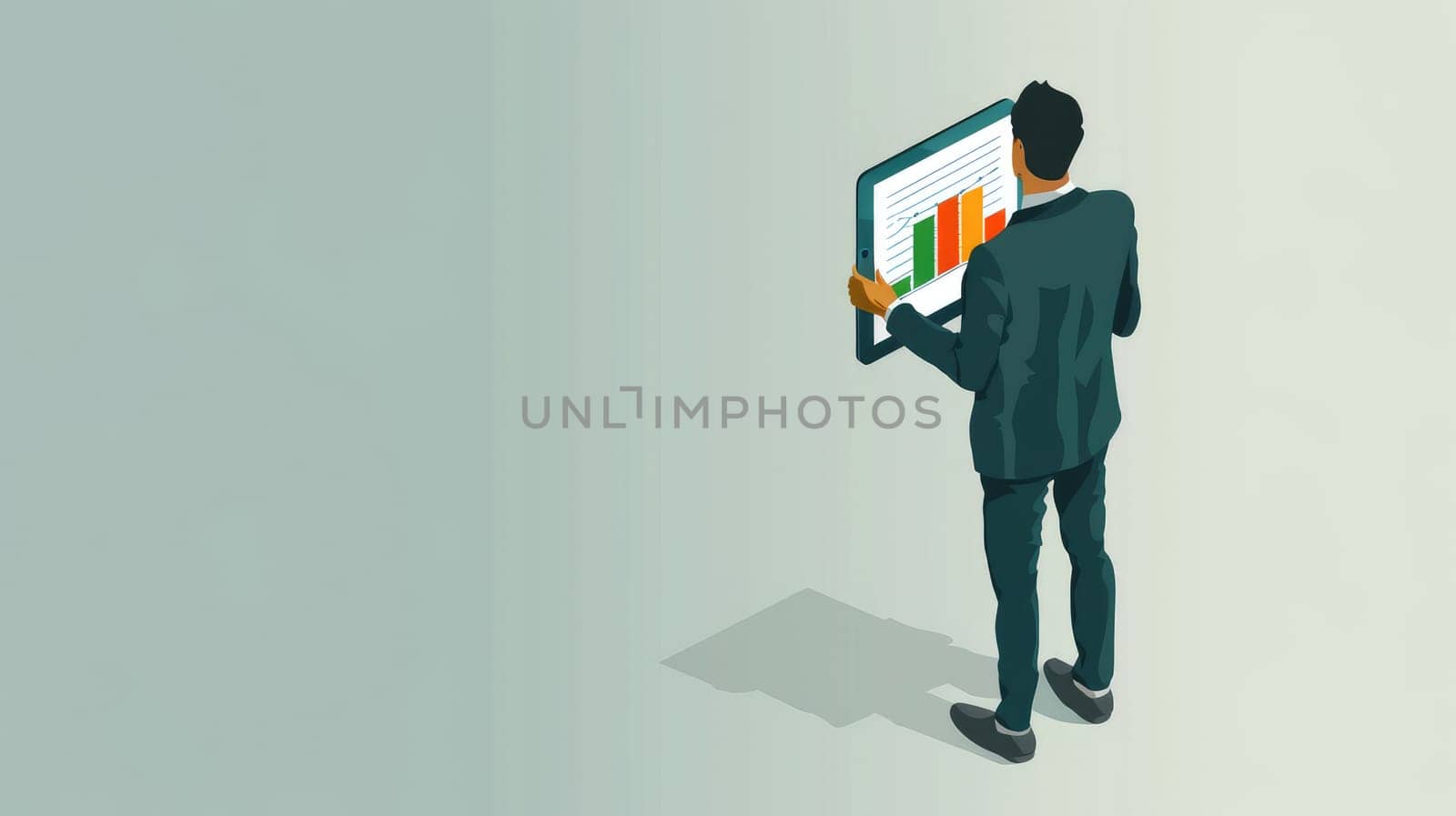 Tech-Savvy Businessman Analyzing Financial Graphs - Isometric Illustration of Growth and Investment Success with Digital Tablet in Colorful Design..