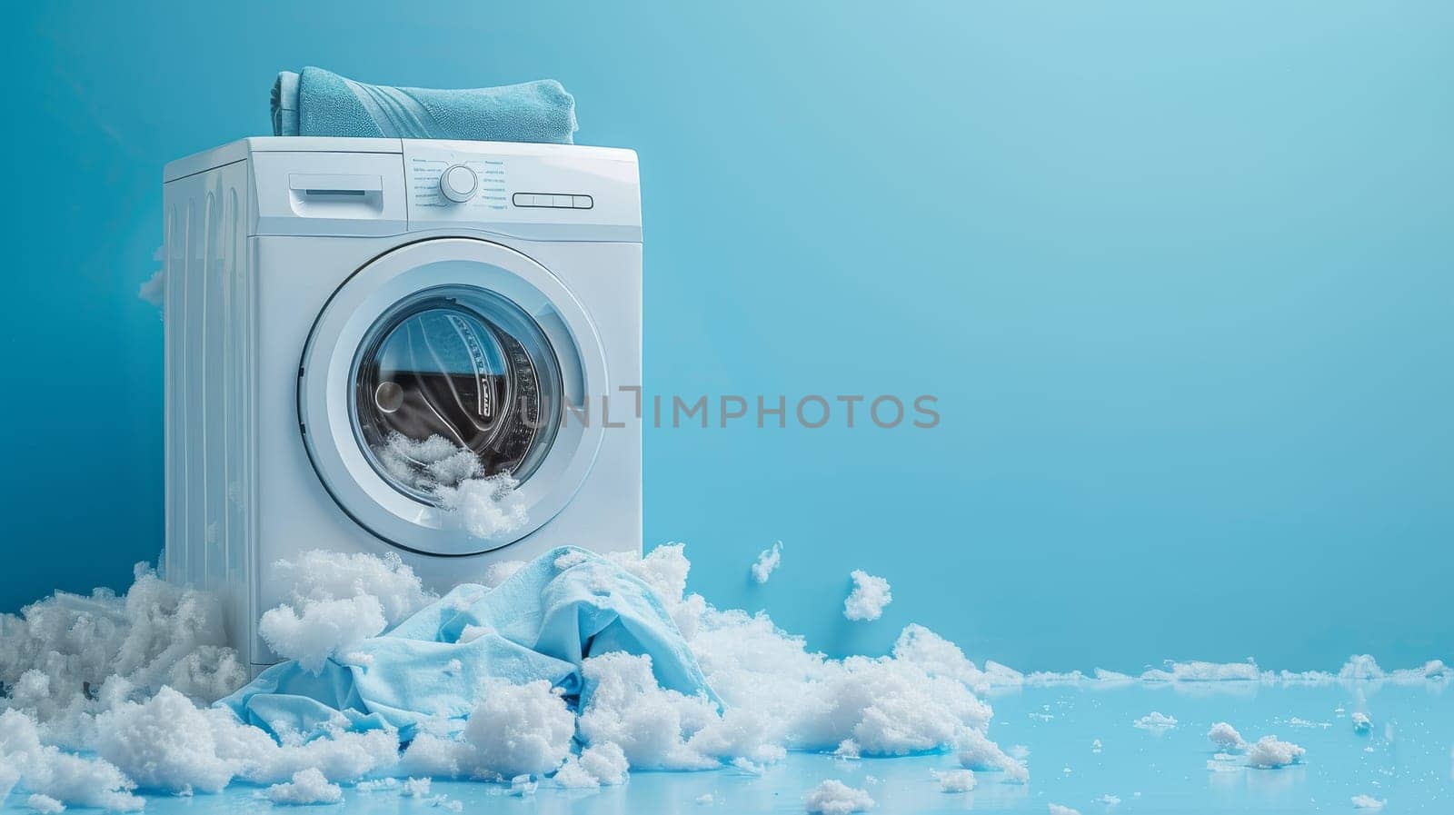 A white washing machine with clothes inside and a blue wall behind it. The clothes are wet and the machine is making a lot of noise