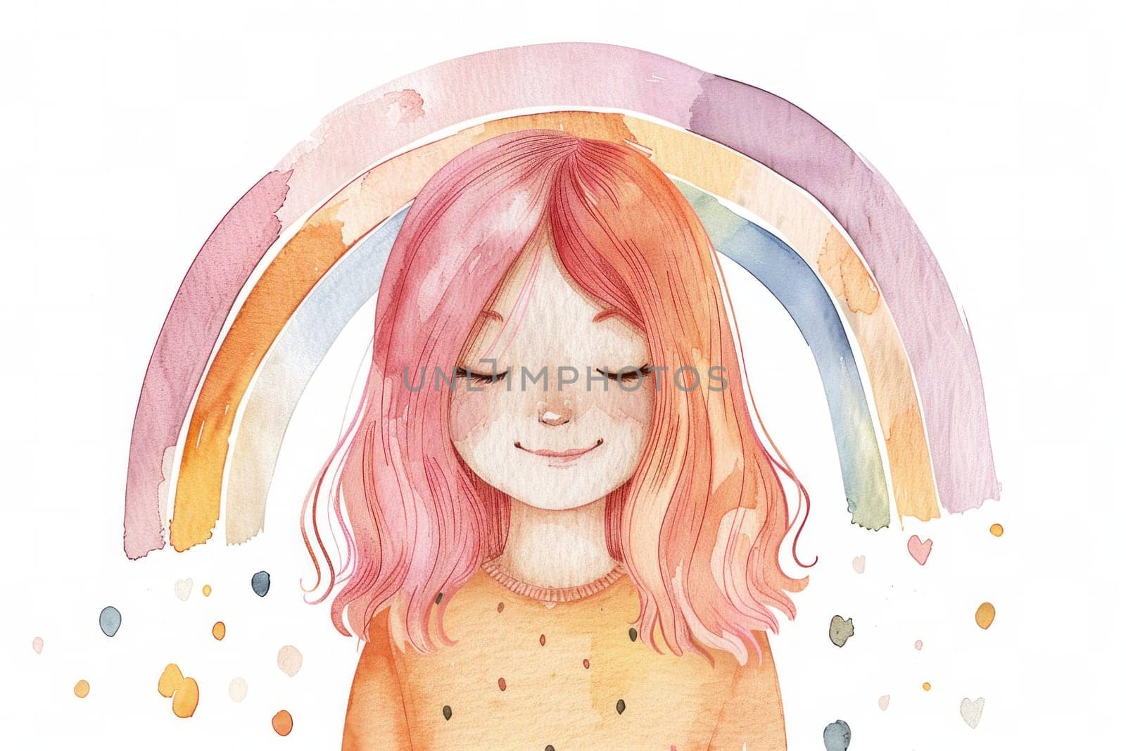 Rainbowhaired girl in a watercolor artwork representing beauty, art, fantasy, and creativity concept