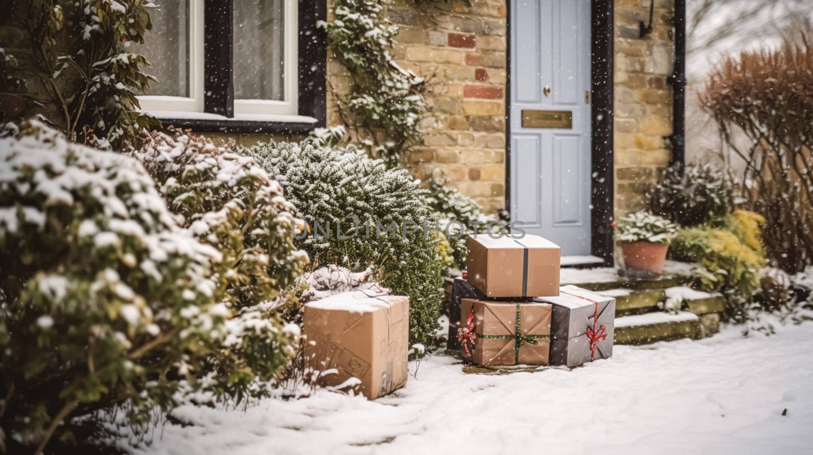 Christmas gifts delivery, postal service and holiday presents online shopping, wrapped parcel boxes on a country house doorstep in a snowing winter, post-processed, generative ai