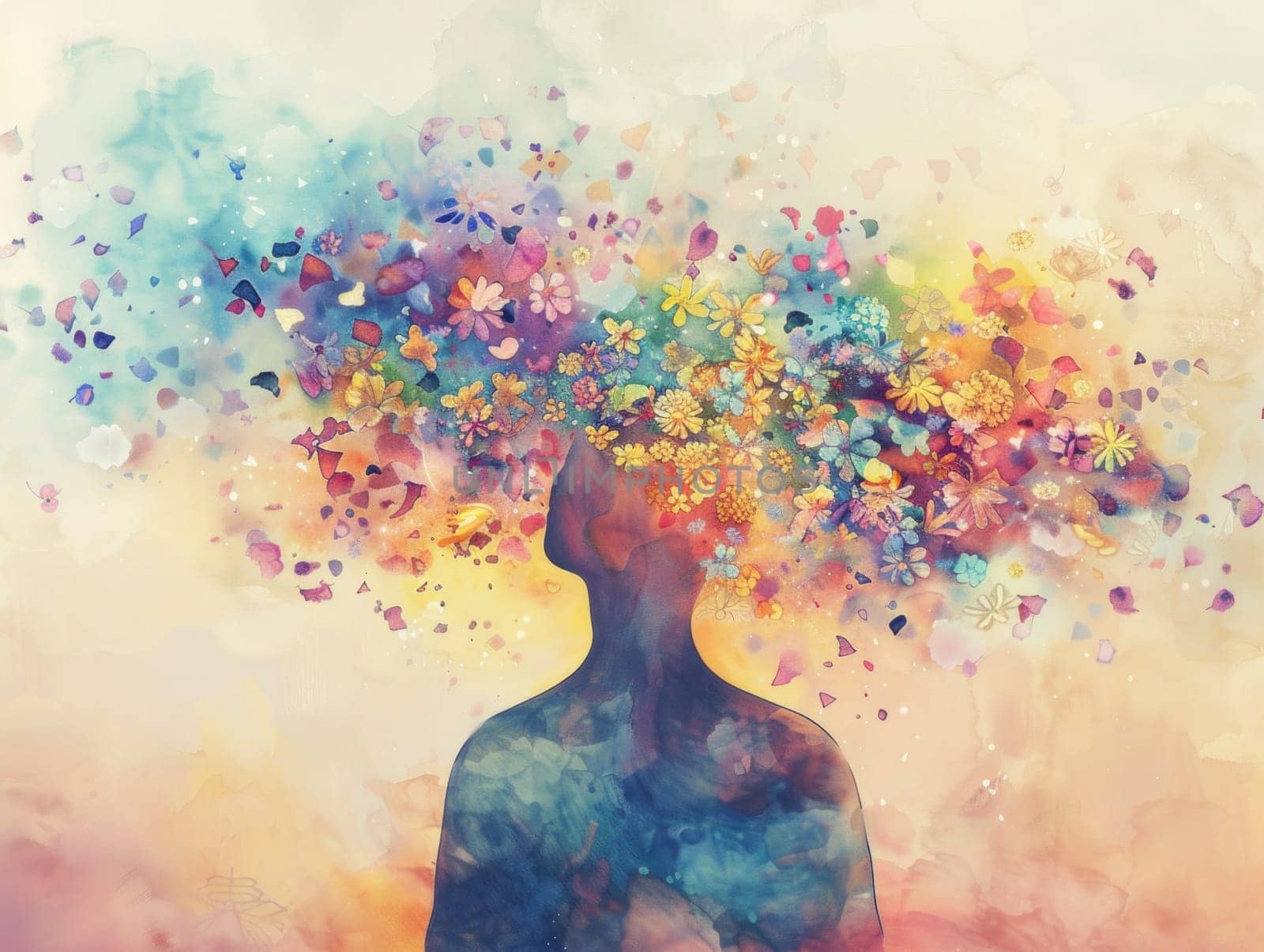 Vibrant woman with colorful flowers in her hair standing against colorful background, beauty and art theme