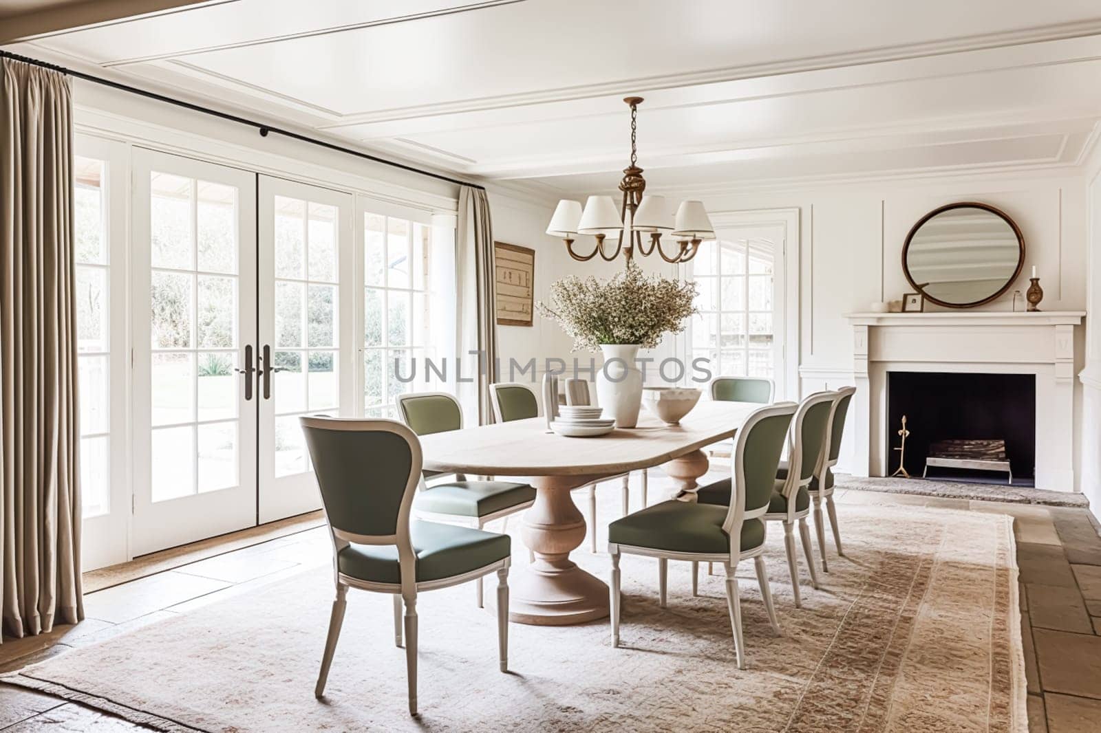 Interior design, white dining room decor and house improvement, furniture, table, chairs and home decor, country cottage style, post-processed, generative ai