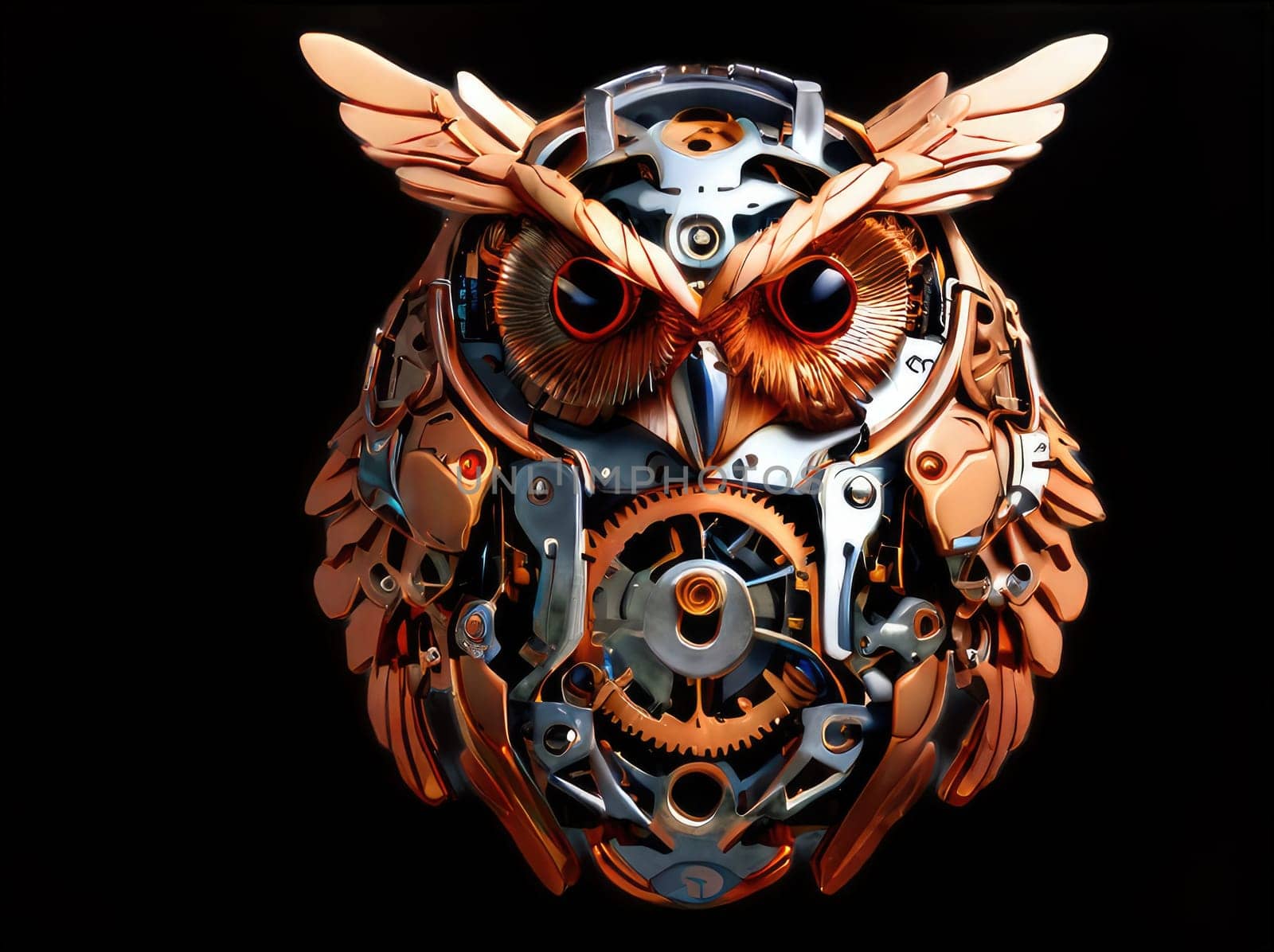 Steampunk cyborg owl pendant , 2D realistic illustration. Vintage metal bird. clipart isolated on transparent background .