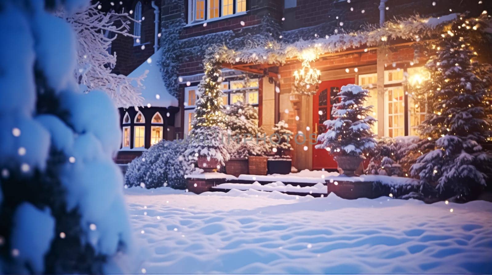 Christmas in the countryside manor, English country house mansion decorated for holidays on a snowy winter evening with snow and holiday lights, Merry Christmas and Happy Holidays design