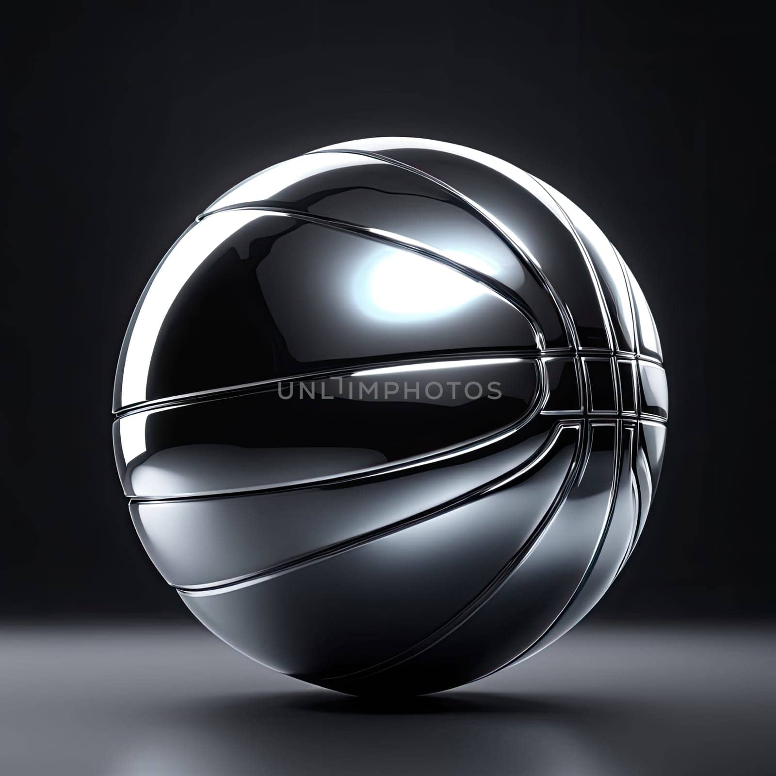 Image Hyper realistic isolated 3D levitating basketball in shiny chrome , black background , high detail, hyper quality