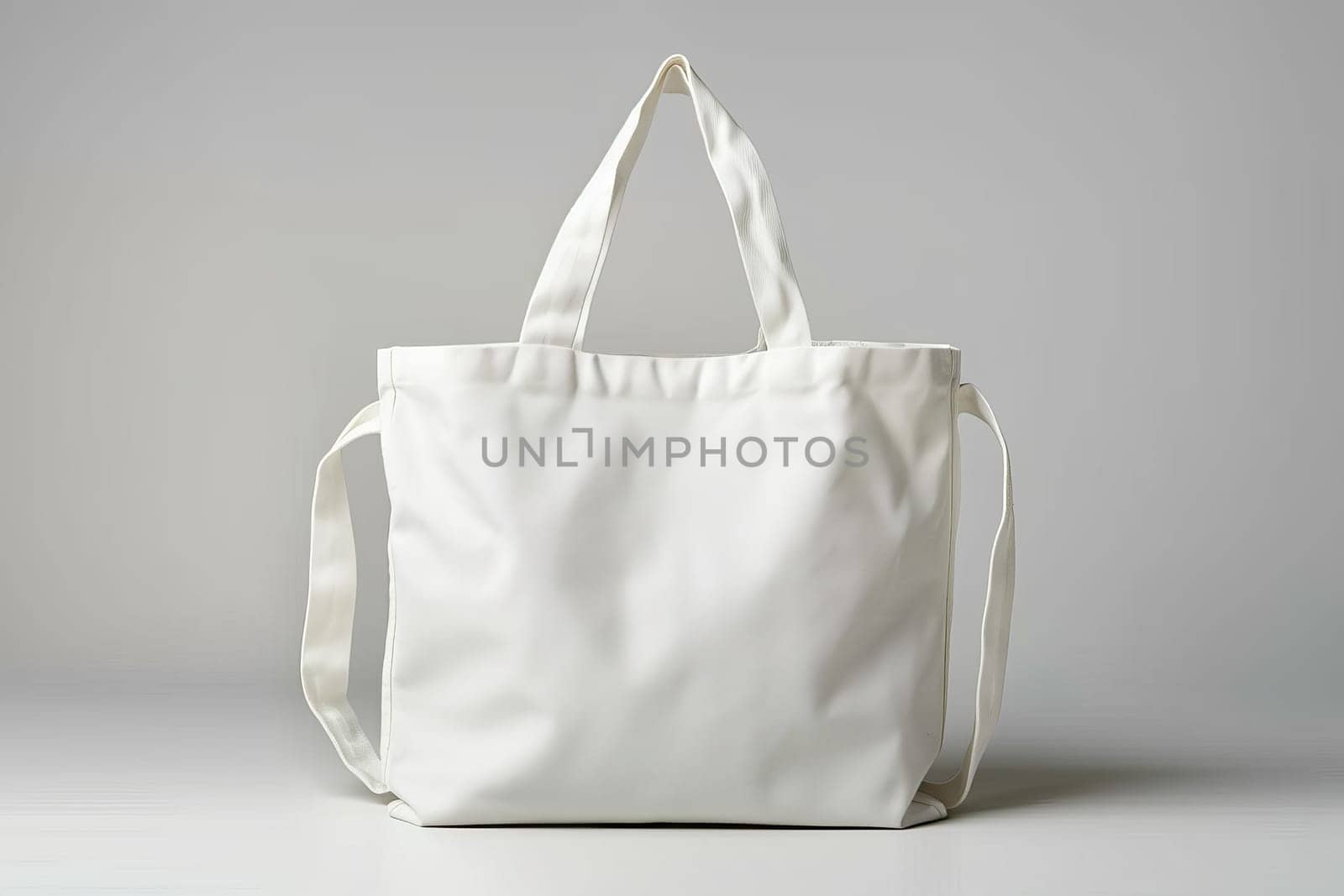 A white tote bag with a leaf on it sits on a table with a flower.