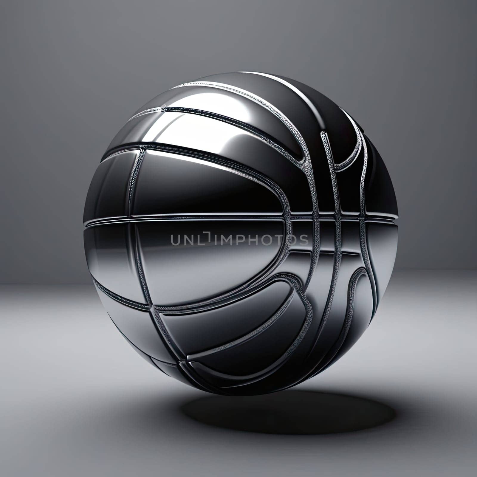 Image Hyper realistic isolated 3D levitating basketball in shiny chrome , black background , high detail, hyper quality