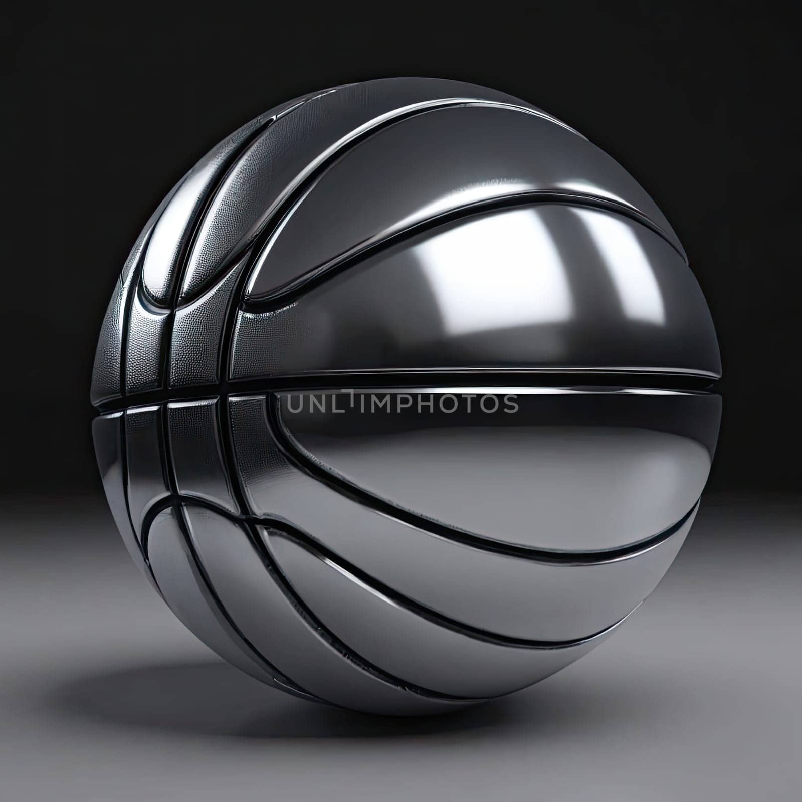 Image Hyper realistic isolated 3D levitating basketball in shiny chrome , black background , high detail, hyper quality