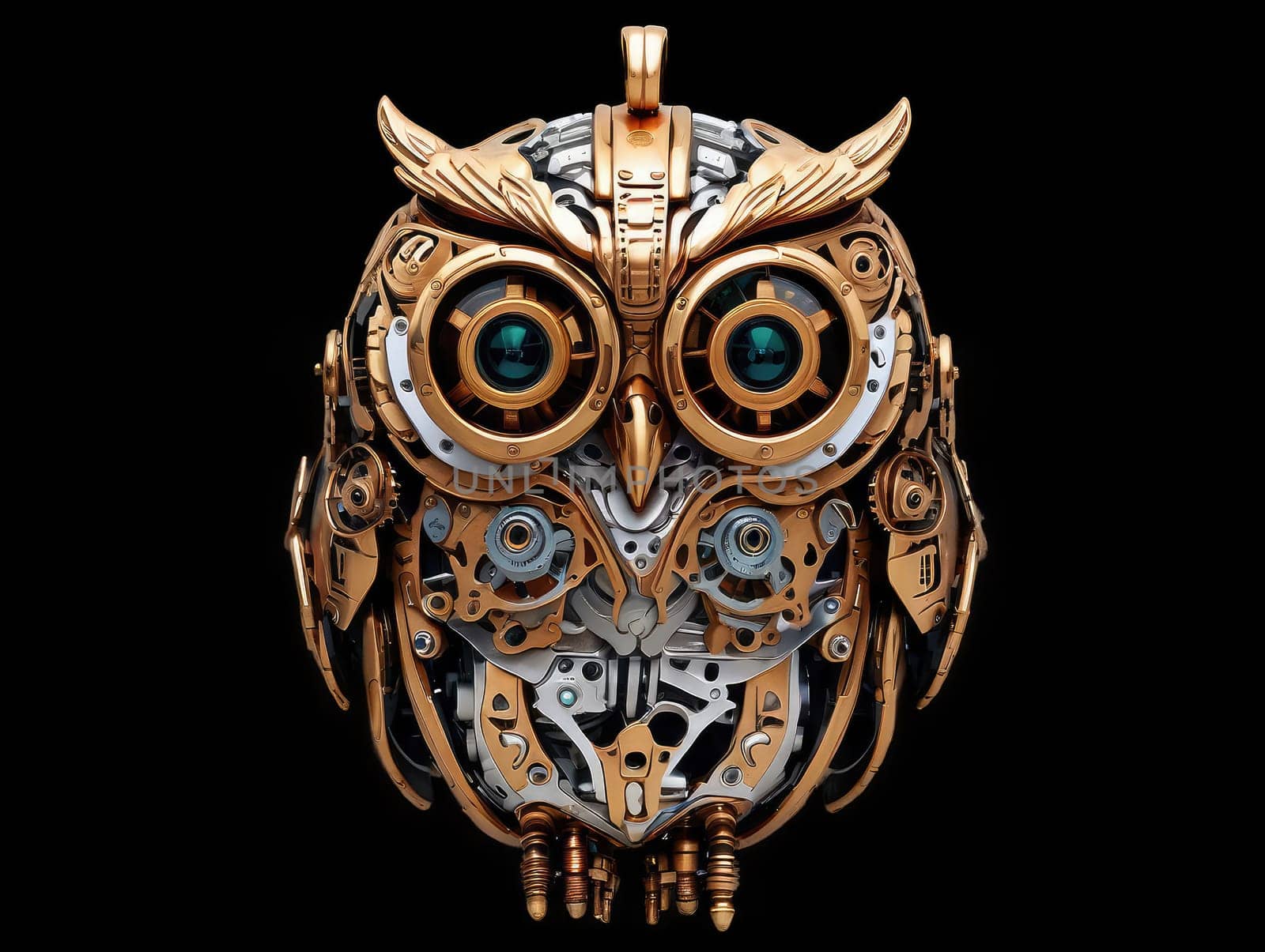 Steampunk cyborg owl pendant , 2D realistic illustration. Vintage metal bird. clipart isolated on transparent background .